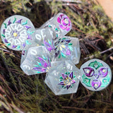 'Violet Nights' Toxic Spring Handmade Resin Rainbow Shimmer Glow in the Dark Alternative Dice Shapes Polyhedral Gaming Dice Set