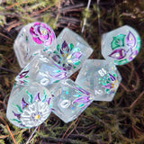 'Violet Nights' Toxic Spring Handmade Resin Rainbow Shimmer Glow in the Dark Alternative Dice Shapes Polyhedral Gaming Dice Set