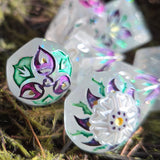 'Violet Nights' Toxic Spring Handmade Resin Rainbow Shimmer Glow in the Dark Alternative Dice Shapes Polyhedral Gaming Dice Set