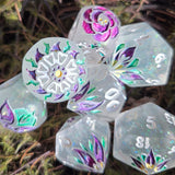 'Violet Nights' Toxic Spring Handmade Resin Rainbow Shimmer Glow in the Dark Alternative Dice Shapes Polyhedral Gaming Dice Set
