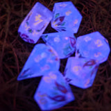 'Violet Nights' Toxic Spring Handmade Resin Rainbow Shimmer Glow in the Dark Alternative Dice Shapes Polyhedral Gaming Dice Set