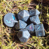 'Dark Possibilities' Grey White Swirl with Glittery Colorshifting Numbers Handmade Resin TTRPG Gaming Dice Set