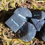 'Dark Possibilities' Grey White Swirl with Glittery Colorshifting Numbers Handmade Resin TTRPG Gaming Dice Set