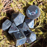 'Dark Possibilities' Grey White Swirl with Glittery Colorshifting Numbers Handmade Resin TTRPG Gaming Dice Set