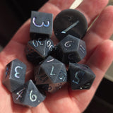 'Dark Possibilities' Grey White Swirl with Glittery Colorshifting Numbers Handmade Resin TTRPG Gaming Dice Set
