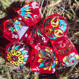 'Strawberry Patch' Toxic Spring Handmade Resin Shimmery Translucent Red Alternative Dice Shapes Polyhedral Gaming Dice Set