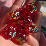 'Strawberry Patch' Toxic Spring Handmade Resin Shimmery Translucent Red Alternative Dice Shapes Polyhedral Gaming Dice Set