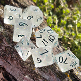 'Mote of Possibilities' Glow in the Dark Colorshifting Opal Flakes Handmade Resin TTRPG Gaming Dice Set