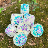 'Toxic Flowers' Toxic Spring Handmade Resin Rainbow Shimmer Glow in the Dark Alternative Dice Shapes Polyhedral Gaming Dice Set