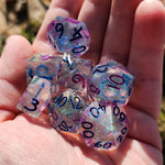 'Poisonous Petals' Blue Purple Rainbow Shimmer Handmade Resin TTRPG 7-Piece Polyhedral Gaming Dice Set