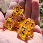 'Caution Ahead' Translucent Shimmery Yellow Handmade Resin 8-Piece Polyhedral Gaming Dice Set TTRPG