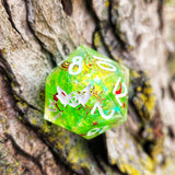 'Celestial Bodies' Green Holographic Red Mylar Sun Moon Colorshifting Handmade Resin 30mm D20 Polyhedral Gaming Dice