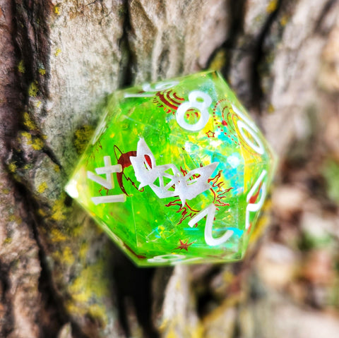 'Celestial Bodies' Green Holographic Red Mylar Sun Moon Colorshifting Handmade Resin 30mm D20 Polyhedral Gaming Dice